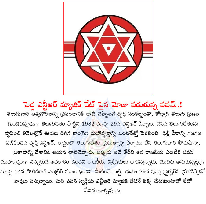 pawan kalyan,new party,jana sena,magic date,senior ntr party launch date,march 29th  pawan kalyan, new party, jana sena, magic date, senior ntr party launch date, march 29th